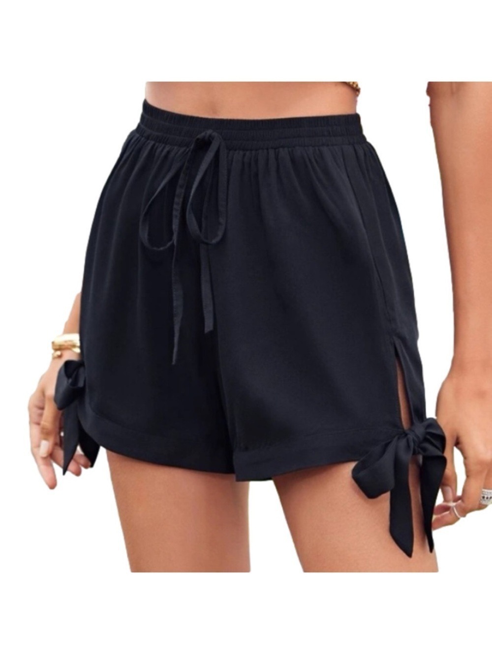Elastic Waist Black Shorts with Side Cut Outs and Bows